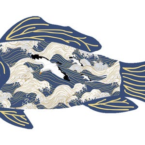 May include: A navy blue fish illustration with gold detailing. The fish's body is filled with a wave pattern and a seagull. The design has a Japanese aesthetic, with the letters "BCDC" in the lower left corner.