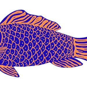 Puede incluir: Una ilustración de un pez azul y naranja con escamas y una aleta. El pez tiene un ojo grande con un centro rojo. El texto "BCDG" está escrito en el pez.