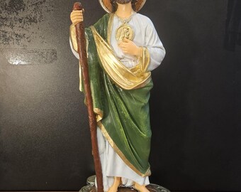 Hand-Painted Resin St. Jude Statue: Green, Gold, Silver Accents (14 Inch)