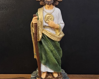 Hand-Painted Resin St. Jude Statue, Green Gold Accents, 12 Inch Tall Catholic Figurine