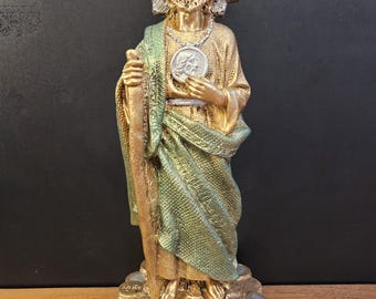 St. Jude Resin Statue: Hand-Painted Gold, Green, Silver Accents (12 Inch)