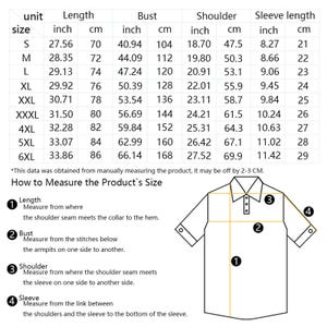 Puede incluir: Tabla blanca con medidas de camisa en pulgadas y cent&iacute;metros. Tallas de la S a la 6XL, con medidas de largo, pecho, hombro y largo de manga. Un diagrama ilustra c&oacute;mo medir las dimensiones de la camisa.