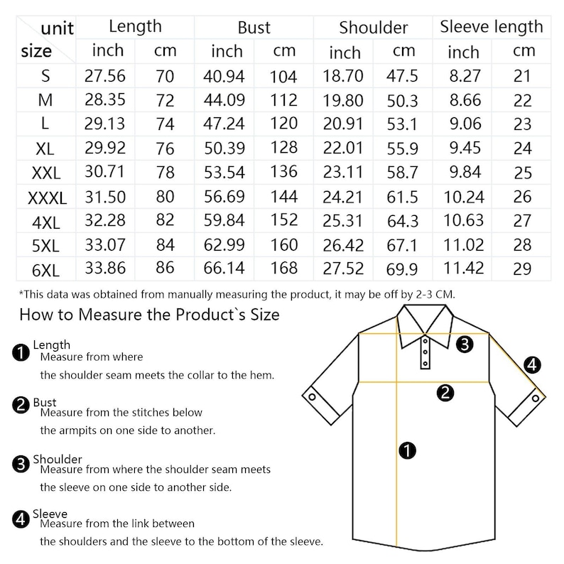 Puede incluir: Tabla blanca con medidas de camisa en pulgadas y cent&iacute;metros. Tallas de la S a la 6XL, con medidas de largo, pecho, hombro y largo de manga. Un diagrama ilustra c&oacute;mo medir las dimensiones de la camisa.