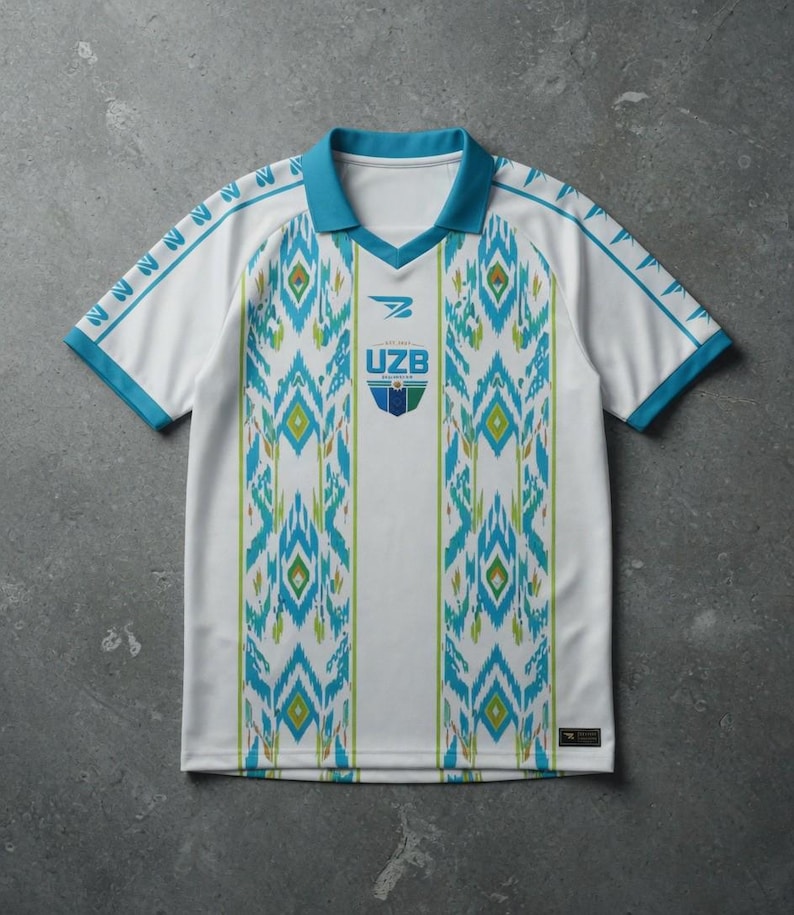 May include: White soccer jersey with a teal collar and sleeve trim. The jersey features a geometric pattern in teal, green, and yellow. The chest displays the letters "UZB" within a crest, and the sleeves have a repeating pattern.