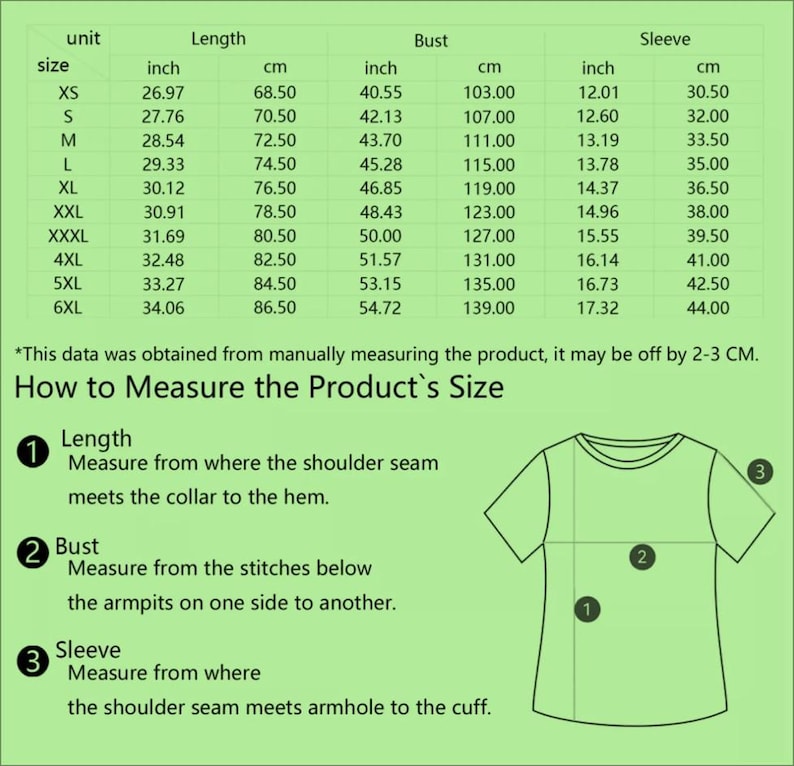 Może przedstawiać: Tabela przedstawiająca wymiary rozmiaru w calach i centymetrach dla koszulki. Tabela zawiera wymiary długości, klatki piersiowej i rękawa. Tabela zawiera r&oacute;wnież schemat pokazujący, jak zmierzyć koszulkę.