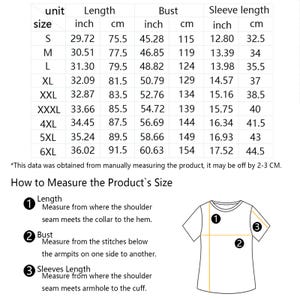May include: A size chart for a garment, detailing measurements in inches and centimeters for length, bust, and sleeve length across various sizes from S to 6XL. Includes instructions on how to measure the product.