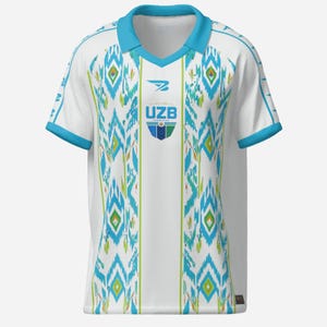 May include: White soccer jersey with a turquoise collar and sleeve trim. The jersey features a geometric pattern in turquoise, green, and yellow. The text "UZB" is displayed on the chest, along with a logo.