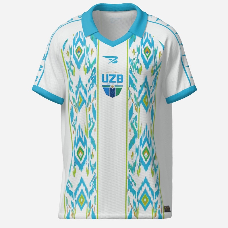 May include: White soccer jersey with a turquoise collar and sleeve trim. The jersey features a geometric pattern in turquoise, green, and yellow. The text "UZB" is displayed on the chest, along with a logo.