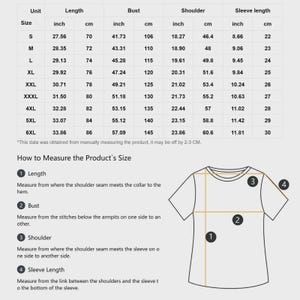Pu&ograve; includere: Un grafico dettagliato che mostra le misure delle taglie delle t-shirt in pollici e cm. Il grafico include le taglie dalla S alla 6XL, con misure per lunghezza, busto, spalle e lunghezza delle maniche. Sono incluse anche le istruzioni su come misurare la taglia del prodotto.