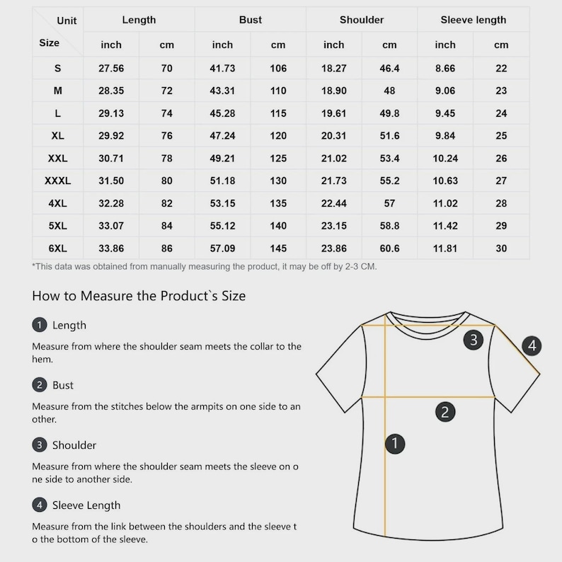 Pu&ograve; includere: Un grafico dettagliato che mostra le misure delle taglie delle t-shirt in pollici e cm. Il grafico include le taglie dalla S alla 6XL, con misure per lunghezza, busto, spalle e lunghezza delle maniche. Sono incluse anche le istruzioni su come misurare la taglia del prodotto.