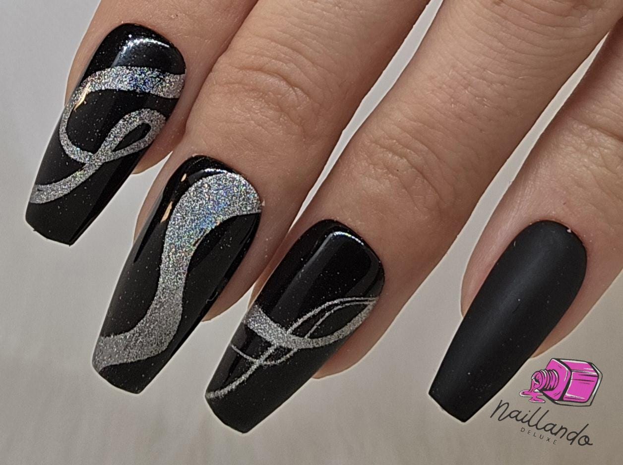 Bling Art Kunstnägel Schwarz – Ballerina/Sarg-Form, Lang, Mit Kleber & Werkzeug (24 Stück)