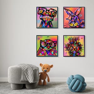 Funky colourful animal series: frog, rabbit, hedgehog and owl. Digital art, ready to print and hang!