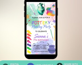Editable Pottery Art Birthday Party Invitation, Pottery Painting Birthday Party Invite, Painting Artist Birthday Mobile Invitation