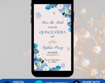 Quinceañera Save the Date Digital Invitation, Blue Floral XV 15th Birthday Invite Animated Canva, Quince Invite, Sweet 15 Quince Video