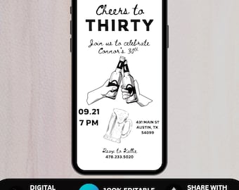 30th Birthday Invitation Template, Male 30th birthday invite, Cheers to 30 Years Invitation, Whimsical Thirty Invite template, Beer 30th