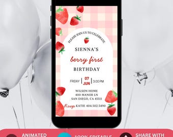 EDITABLE Pink Gingham Berry First Birthday Invitation, Berry First Birthday Digital Invitation Birthday, Strawberry First Birthday Invite