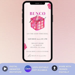 Animated Bunco Digital Invitation Template, Pink Dice Game Night Invite, Editable Canva Bunco Party Card, Girls Night Bunco Time Invite