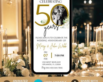 50th Anniversary invitation Gold, Wedding Anniversary Invitation with Photo, 20th 30th 40th Editable, 50th Wedding Party Digital Download