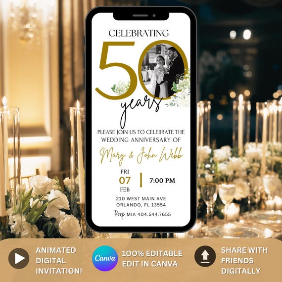 50th Anniversary invitation Gold, Wedding Anniversary Invitation with Photo, 20th 30th 40th Editable, 50th Wedding Party Digital Download