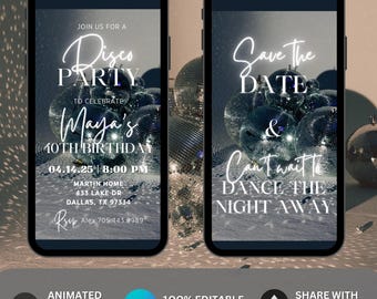 Uitnodiging discofeestje, disco verjaardagsfeestje geanimeerde uitnodiging, bewerkbare disco-uitnodiging, disco digitale uitnodigingsvideo, Canva-sjabloon
