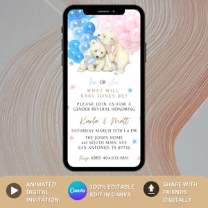 Bear Gender Reveal Evite Teddy Bear Digital Invitation Gender Reveal, Electronic Gender Reveal for Phone, He or She Editable Template