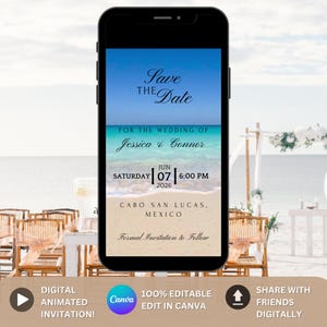 Beach Wedding Save the Date Video Animated Canva Template Ocean Destination Wedding Evite Summer Coastal Invite, Beach Destination Wedding