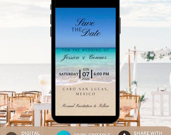 Plantilla animada de Canva para guardar la fecha en video de boda en la playa. Boda en destino oceánico. Invitación costera de verano de Evite. Boda en destino en la playa.