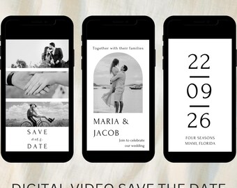 Puede incluir: Anuncio de guardar la fecha de video digital en blanco y negro con tres pantallas de teléfono. La primera pantalla muestra una pareja tomándose de la mano, la segunda pantalla muestra una pareja en una playa y la tercera pantalla muestra la fecha "22 09 26" y la ubicación "FOUR SEASONS MIAMI, FLORIDA".