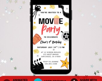 May include: A digital invitation for a movie party to celebrate Oliver's 4th birthday. The invitation features a red and white movie ticket, a film reel, a popcorn bucket, and a movie camera. The text on the invitation reads "You're invited to a Movie Party to celebrate Oliver's 4th Birthday. Saturday July 14th | 5 PM. At 12 Screen Movies 225 West Broad San Diego, CA 47899. RSVP to Joanne 404.801.4588."
