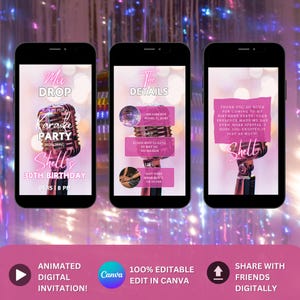 May include: A digital invitation for a karaoke party celebrating Shell's 30th birthday. The invitation features a pink and gold microphone with the text "Mu Drop" and "Karaoke Party Honoring Shell's 30th Birthday 05.15 | 8 PM". The invitation also includes details about the party, such as the address, RSVP information, and dress code.