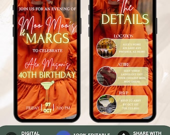 Moo Moos & Margaritas Birthday Invitation, Digital Ladies Night Invite, Pajama Girls Day Party Invitation, Animated Orange Mumu Mumu Invite