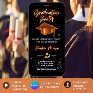Digital Graduation Party Invitation Animated Black and Orange College or High School Invite Orange Black Grad Announcement Grad Save Date
