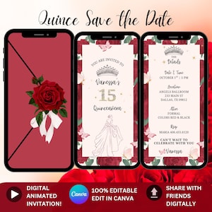 Animated Quinceañera Invitation Template, Canva 15th Birthday Sweet 15 Quince Invite Red Roses & Butterflies Custom Red Quinceanera Video