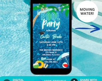 Neon Blue Graduation Pool Party Invitation. Digital Boys Blue Class of 2025 Celebration Invite. College High School Grad Party Canva Evite