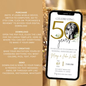 May include: A gold and white digital invitation for a 50th wedding anniversary. The invitation features a photo of a couple, a gold number 50, and the text "Celebrating 50 years". The invitation also includes the couple's names, the date and time of the event, and the location.