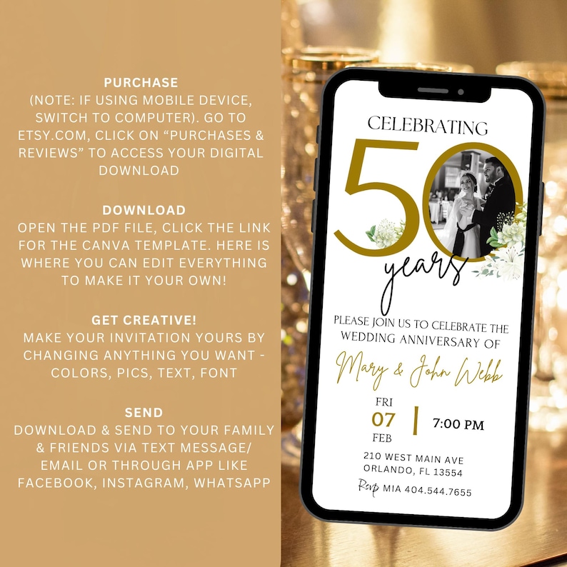 May include: A gold and white digital invitation for a 50th wedding anniversary. The invitation features a photo of a couple, a gold number 50, and the text "Celebrating 50 years". The invitation also includes the couple's names, the date and time of the event, and the location.
