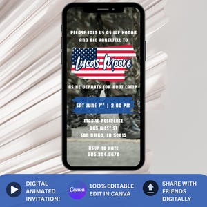 May include: A digital invitation on a smartphone screen. The invitation reads "Please join us as we honor and bid farewell to Lucas Moore as he departs for boot camp." The date and time are listed, along with an address and RSVP information.