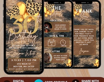 Digital Leopard 30th Birthday Party Invitation, Editable Digital Birthday Girl Template, 30th Cheetah Print Glam Gold Women Party Evite