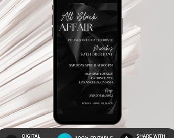 All black affair vuxen födelsedagsinbjudan Redigerbar svart slips liten klänning födelsedagsfestinbjudan Lyxig män kvinnor mall Företagsgalamiddag
