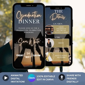 Op de afbeelding: Een digitale uitnodiging voor een afstudeerdiner. De uitnodiging toont een silhouet van mensen die hun petten in de lucht gooien, met de tekst "Graduation Dinner" en "Sam White" in gouden letters. De uitnodiging bevat ook de datum, tijd en locatie van het evenement.