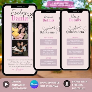 Editable Quinceañera Court Dama Info by Phone Mis Quince años Dama Detail Digital Invite Unique XV años Quinceañera Quince Proposal Template