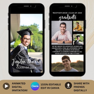 Bewerkbare afstudeeraankondiging voor jongens | Fotocollagekaart voor hem | Class of 2025 afstudeeruitnodiging | Digitale downloadcanvasjabloon