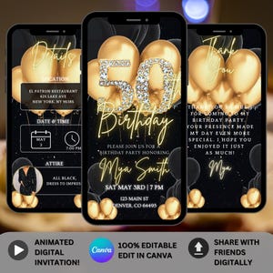 Modèle d'invitation de fête d'anniversaire des 50 ans or noir numérique 50e dîner glam, modèle d'invitation, itinéraire de brunch vidéo modifiable diamant All Black Affair