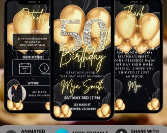 50th Birthday Party Invitation Gold Black Digital 50th Glam Dinner Invite Template, Diamond Video Editable Brunch Itinerary All Black Affair