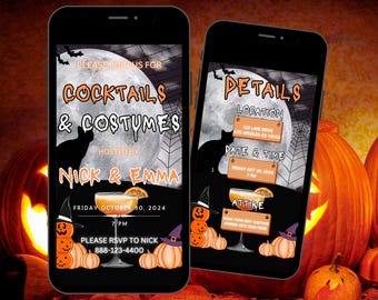 Editable Halloween Party Invitation Template, Instant Download, Digital Costumes & Cocktails Halloween Party Invitation, Mobile Halloween