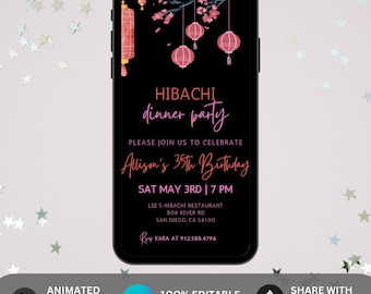 Editable Pink Hibachi Birthday Dinner Invitation, Hibachi Party Invite, Hibachi Theme Birthday Party Invite, Hibachi Fire Dinner Party Evite