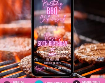 Digital Birthday BBQ Chill and Grill Invitation. Animated Barbeque Party Invite in Neon Pink. Backyard BBQ Party. DIY Editable Template.