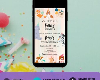 Quirky Dog Birthday Pawty Invitation Let’s Pawty Invite Editable invitation instant DOWNLOAD, Calling All Pawty Animals Digital Invitation