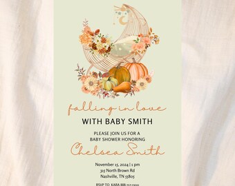 Falling in Love Baby Shower Editable Invitation Autumn Baby Shower Invite Gender Neutral Baby Shower Autumn Boho Baby Shower Invite Template