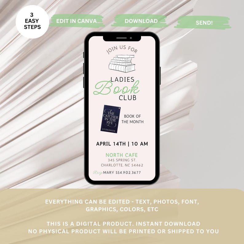 May include: A digital invitation for a Ladies Book Club meeting. The invitation features a green and white color scheme with a stack of books, the text "Ladies Book Club", and the book "The Catcher in the Rye" by J.D. Salinger. The invitation includes the date and time of the meeting, the location, and contact information.